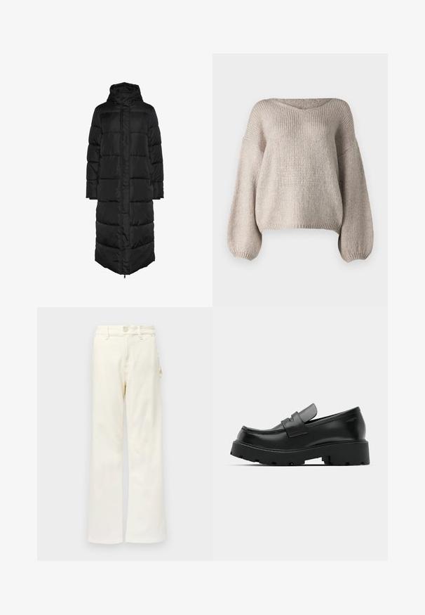 Sort, lang, hættetrøje pufferjakke med quiltet design, der har en frontlynlås og store, polstrede paneler til isolering. Glat tekstur.; Beige strikket sweater med bred V-udskæring, lange ballonærmer og en cropped kant. Teksturen er chunky og blød, med et enkelt design.; Good American GOOD 90S CARPENTER - Wide leg - white denim; Sorte læder loafers med en chunky tekstureret sål, der har en rem over vamps og en glat, poleret finish.