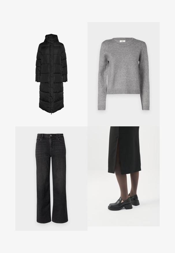 Must have musta, pikk, kapuutsiga paks puffer mantel, millel on tikandmustrit, esisees luku ja suurte, polsterdatud paneelidega soojenduseks. Sile tekstuur.; Hallitus hall värviga kudum, millel on ümmargune kaelus ja pikad varrukad. Omab soonikserva ja varrukaotsi; pehme tekstuur, ideaalne kihina kandmiseks.; Laiene säärega mustad denim püksid klassikalises lõikes, millel on lukuga säär ja nööpkinnitus ning viie tasku disain. Peened pleekimise ja õmblemise detailid.; Naine, kes kannab musta kõva kontsaga loafer-kingi, läbipaistvaid musti sukkpükse ja musta seelikut tagumise lõhikuga valgel taustal.