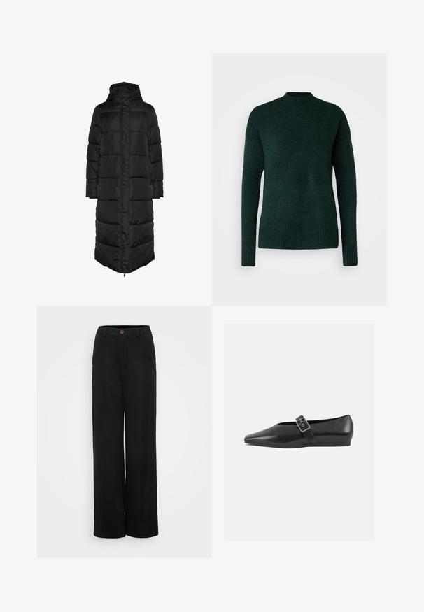 Sort, lang, hættetrøje pufferjakke med quiltet design, der har en frontlynlås og store, polstrede paneler til isolering. Glat tekstur.; Vero Moda Tall VMLEFILE BOXY - Striktrøje - scarab melange; Sorte bukser med brede ben og en glat tekstur, der har en knaplukning og frontlommer. Klassisk, alsidigt design velegnet til forskellige anledninger.; Sorte læder flade sko med spidse tæer, prydet med en metallisk spænde over vristen og en lav, fleksibel sål.