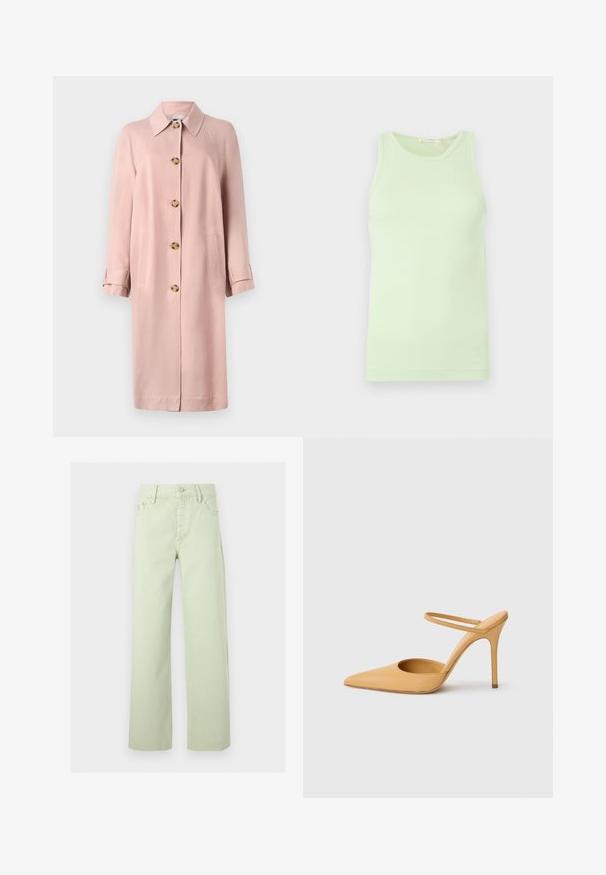 PS Paul Smith Manteau classique - pink; Débardeur vert clair sans manches avec encolure ronde, tissu lisse et détail subtil du logo sur l'ourlet inférieur.; Jean vert clair taille haute, jambes droites, avec bouton devant, fermeture éclair, passants de ceinture et design cinq poches.; Chaussure à talon aiguille beige à bout pointu avec une fine bride de cheville sur fond blanc.
