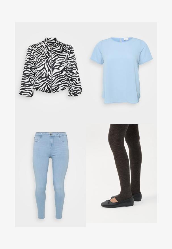 Zwart-wit cropped jack met zebra print, voorzien van een hoge kraag en een ritssluiting aan de voorkant. Gemaakt van lichtgewicht, soepel materiaal.; ONLY Carmakoma CARVICA LIFE - Blouse - light blue; Lichtblauwe skinny jeans van denim, met een knoopsluiting, vijf zakken en een gladde, licht vervaagde textuur.; Benen met donkere geribbelde leggings gecombineerd met zwarte ballerina's met kleine strikdetails op een witte achtergrond.