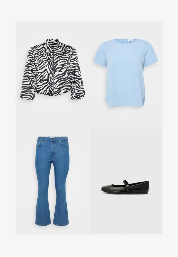 Zwart-wit cropped jack met zebra print, voorzien van een hoge kraag en een ritssluiting aan de voorkant. Gemaakt van lichtgewicht, soepel materiaal.; ONLY Carmakoma CARVICA LIFE - Blouse - light blue; Uitlopende blauwe denim jeans met hoge taille, voorzien van vijf zakken, een ritssluiting en stiksels langs de naden.; Zwarte leren balletschoenen met een ronde neus, een platte zool en een dunne verstelbare band over de wreef met een metalen gesp.