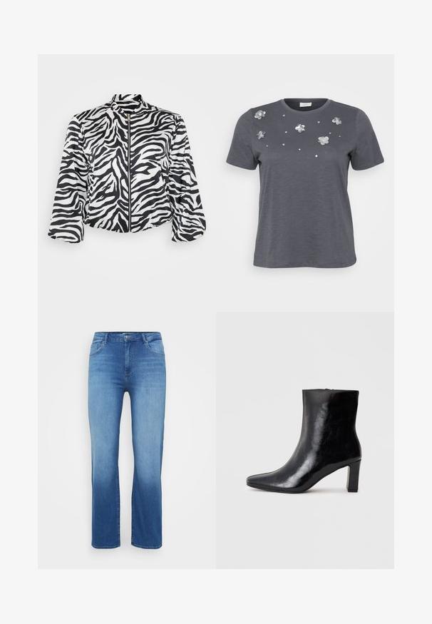 Sort og hvid cropped jakke med zebra print, der har en opretstående krave og lynlås fortil. Lavet af let, glat stof.; Grå bomulds T-shirt med korte ærmer, prydet med metallic blomsterapplikationer og palietter arrangeret på forsiden. Blød tekstur, afslappet pasform.; Lysblå denimjeans med lige snit, fem-lomme design og en slidt effekt ved kanten. Knaplukning i taljen.; Sorte ankelstøvler lavet af blank læder, med spidse tæer og en mellemstor blokhæl, med en glat tekstur og et enkelt design.