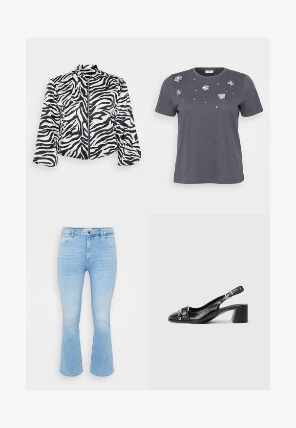 Sort og hvid cropped jakke med zebra print, der har en opretstående krave og lynlås fortil. Lavet af let, glat stof.; Grå bomulds T-shirt med korte ærmer, prydet med metallic blomsterapplikationer og palietter arrangeret på forsiden. Blød tekstur, afslappet pasform.; Lys blå denim jeans med en tætsiddende talje, flagrende bukseben, fem-lomme design og subtil forvitring i stofstrukturen.; Sorte læder slingback hæl med spids tå, tekstureret rem med cirkulære metalliske accenter, og en stablet blokhæl.