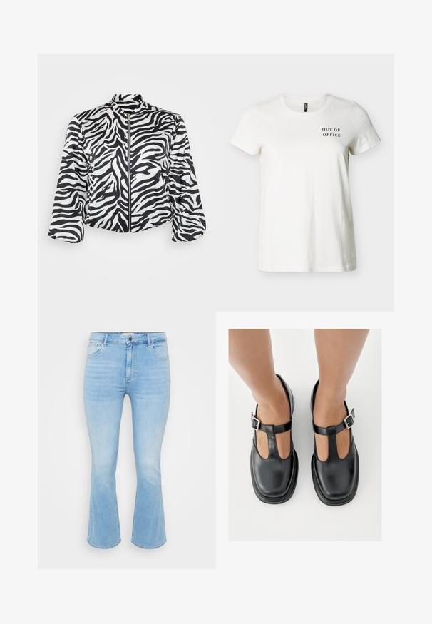 Zwart-wit cropped jack met zebra print, voorzien van een hoge kraag en een ritssluiting aan de voorkant. Gemaakt van lichtgewicht, soepel materiaal.; Witte T-shirt met korte mouwen en ronde hals, met zwarte tekst "OUT OF OFFICE" op de linker bovenborst.; Lichtblauwe denim jeans met een aansluitende taille, uitlopende pijpen, een vijf-pocket ontwerp en subtiele vervaging in de textuur van de stof.; Zwarte leren schoenen met een T-bandontwerp, gesloten teensluiting en zilverkleurige gespdetails. Glad oppervlak met een ronde neus en platte zool.