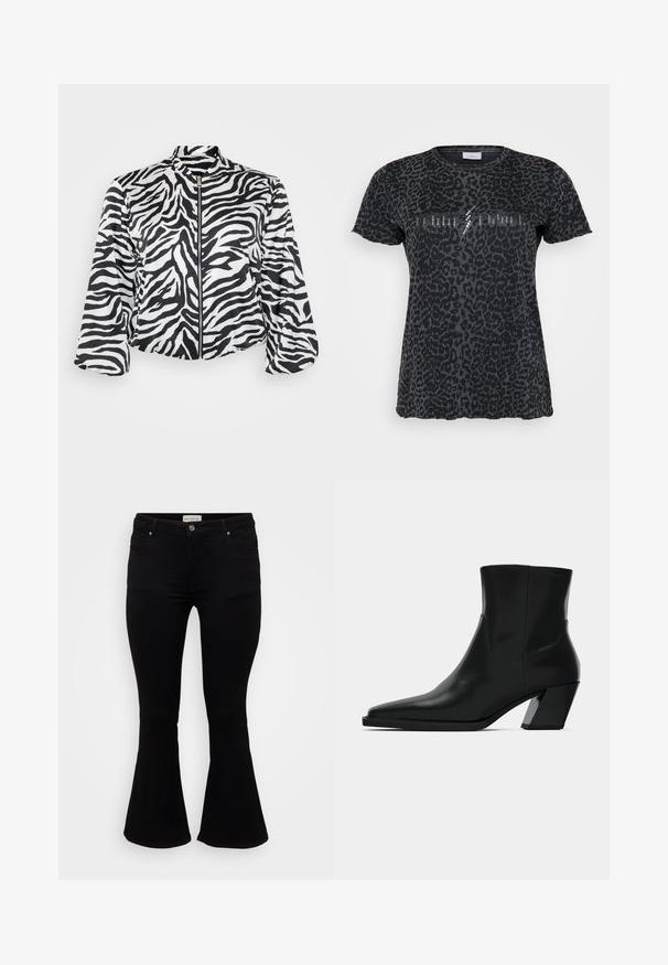 Zwart-wit cropped jack met zebra print, voorzien van een hoge kraag en een ritssluiting aan de voorkant. Gemaakt van lichtgewicht, soepel materiaal.; ONLY Carmakoma CARMIKO WASHED SS REG TEE JRS - T-shirt print - phantom; Zwarte flare jeans van zachte denim, met een aansluitende taille, voorzakken en een flared zoom voor een ontspannen pasvorm.; Zwarte leren enkelboot met een spitse neus, een slanke silhoeet en een chunky vierkante hak. Gladde textuur met minimale stikdetails.