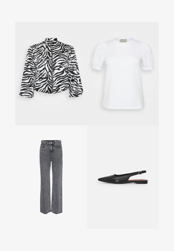 Zwart-wit cropped jack met zebra print, voorzien van een hoge kraag en een ritssluiting aan de voorkant. Gemaakt van lichtgewicht, soepel materiaal.; Witte korte mouw t-shirt van katoen, met een ronde halslijn en pofmouwen met elastische manchetten. Eenvoudig en klassiek design.; Hoge taille, rechte grijze spijkerbroek van denim met knopen aan de voorkant, ritssluiting en klassiek ontwerp met vijf zakken.; Zwarte leren slingback schoen met een spitse neus, subtiele glans en een verstelbare enkelband. Platte hak met een brown inlegzool.