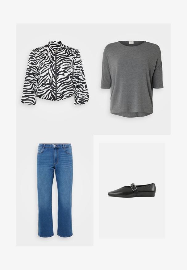 Sort og hvid cropped jakke med zebra print, der har en opretstående krave og lynlås fortil. Lavet af let, glat stof.; Grå kortærmet top i blødt stof med en afslappet pasform, rund halsudskæring og buet kant. Ingen udprægede mønstre eller detaljer.; Blå denimjeans med lige ben, der har en knaplukning, klassisk fem-lomme design og en subtil falmet tekstur på lårene.; Sorte læder flade sko med spidse tæer, prydet med en metallisk spænde over vristen og en lav, fleksibel sål.