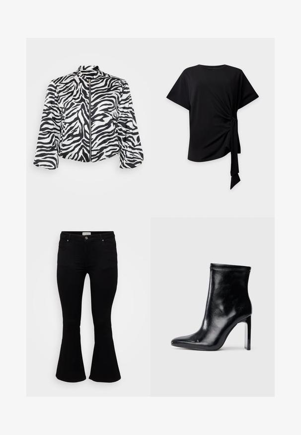 Sort og hvid cropped jakke med zebra print, der har en opretstående krave og lynlås fortil. Lavet af let, glat stof.; Sort top med korte ærmer, rund halsudskæring og knude i siden, der skaber samlet stof og et hængende bindebånd på en lys baggrund.; Sorte flare jeans lavet af blød denim, med en tætsiddende talje, frontlommer og en flagrende kant for en afslappet pasform.; Sorte læder ankelstøvle med spidse tæer og høj klar hæl. Glat tekstur og minimal syning på overmaterialet.