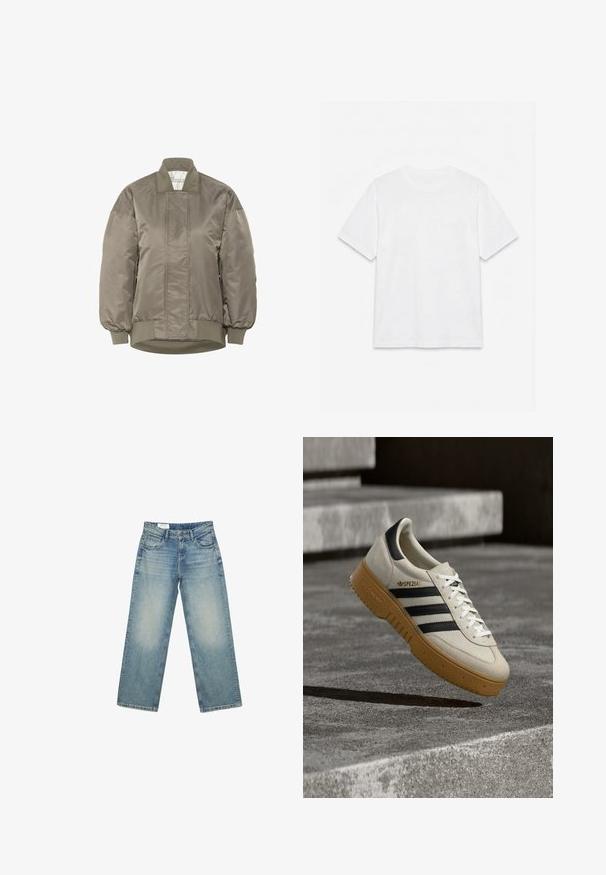 Oliven grøn bomberjakke i skinnende nylon med ribbet krave og manchetter, der har diamantquiltede mønstre på fronten.; Hvid ensfarvet t-shirt med korte ærmer og rund hals, lagt fladt på en hvid baggrund.; Lyseblå straight-leg denimjeans med forlommer, bæltestropper og knaplukning, vist på en hvid baggrund.; Beige ruskindsneaker med sorte striber, hvide snørebånd og en gummisål i naturfarve. Har "SPEZIAL"-mærkning på siden.