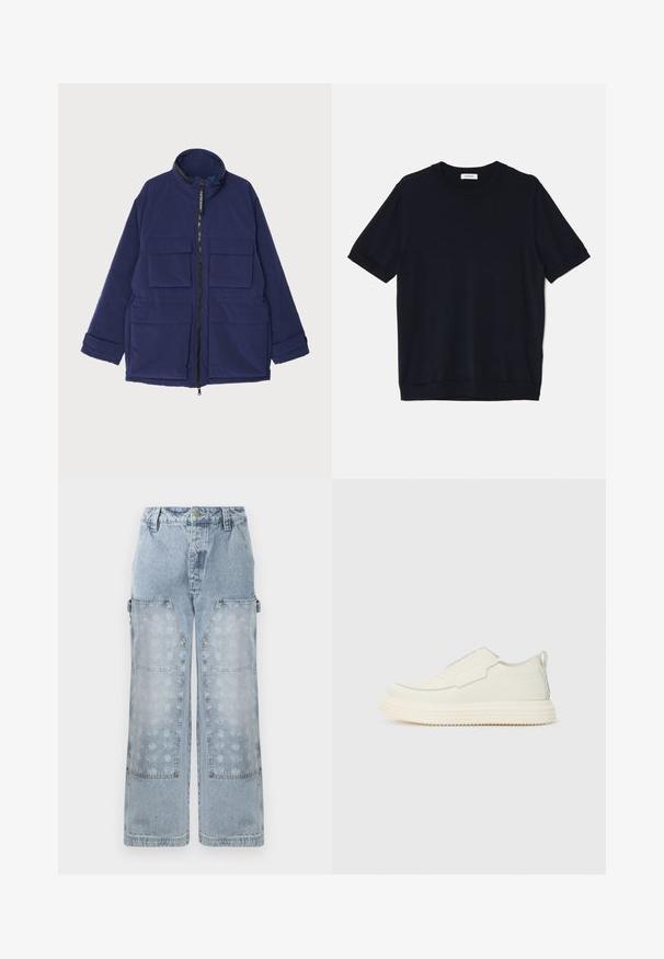 Marineblå isoleret jakke med høj krave, frontlynlås og flere udvendige lommer med en glat tekstur.; sandro PABLO TEE - T-shirts basic - noir; Lyseblå denim cargo bukser har et bredt ben design, store påsyede lommer og en subtil blomsterprint på de nederste paneler med gyldne hardware detaljer.; Slip-on sneaker i off-white tekstureret materiale med en tyk, rillet sål. Har minimale sømme og et subtilt lysblåt accent.