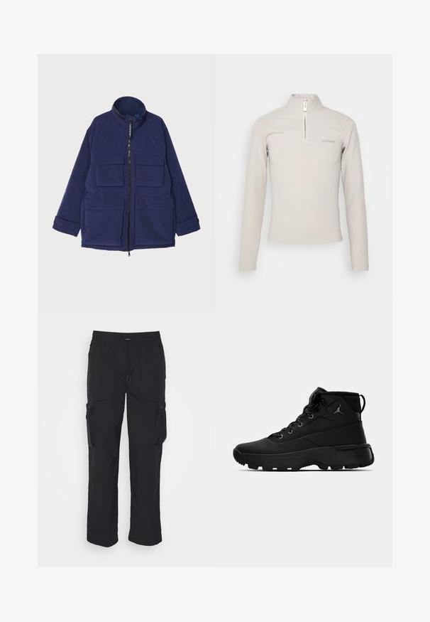 Tummansininen eristetty takki, jossa on korkea kaulus, edessä vetoketjukiinnitys ja useita ulkoisia taskuja, ja joka on sileätekoinen.; Han Kjøbenhavn LOGO HALF ZIP SHARP LONG SLEEVE - Pitkähihainen paita - grey; Mustat cargo-housut, jotka on valmistettu kudotusta kankaasta. Ominaisuuksiin kuuluvat säädettävä vyötärö, sivutaskut ja kaksi vetoketjullista työkalutaskua.; Mustat korkeat urheilukengät, joissa on rakenteellinen keinomateriaali, metalli rei'ityksillä, mustat nauhat ja kuminen pohja, jossa on pidon kuvioita.