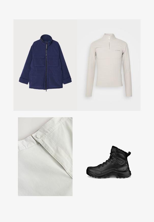 Marineblauwe geïsoleerde jas met een hoge kraag, frontale ritsluiting en meerdere externe zakken met een gladde textuur.; Han Kjøbenhavn LOGO HALF ZIP SHARP LONG SLEEVE - Longsleeve - grey; Witte katoen stof met een knoopsluiting op de taille, met subtiele textuur en gestikte details langs de naden.; Zwarte hoge wandelschoen met gevoerde enkel, veterhaken, robuuste zool en treklus bij de hiel, ontworpen voor buitengebruik en koud weer.