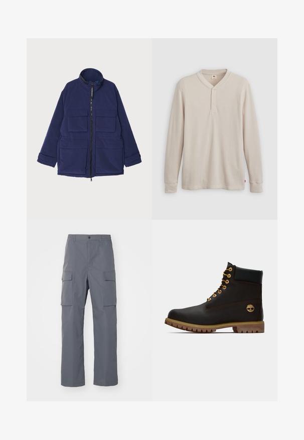 Marineblauwe geïsoleerde jas met een hoge kraag, frontale ritsluiting en meerdere externe zakken met een gladde textuur.; Lange mouwen henley-shirt in lichtbeige ribbelstof, met een V-hals, een drieknoopsluiting en manchetten. Rode logo-label aan de onderkant.; Grijze cargobroek van duurzaam materiaal. Kenmerken zijn een elastische tailleband, twee grote zijzakken en een rechte pijp.; Zwarte leren enkellaars met gouden oogjes, bruine accenten en een rubberen zool. Heeft een gevoerde kraag en geperst logo aan de zijkant.