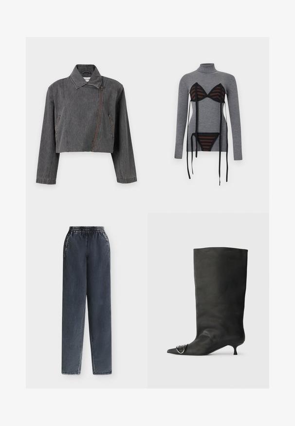Veste en denim gris coupée avec un col pointu, une fermeture éclair asymétrique et deux poches latérales avec des détails zippés.; Pull gris à col roulé côtelé avec un ensemble soutiens-gorge et culotte noirs et bruns rayés superposés, doté de longs liens noirs pendants.; Pantalon jogger en denim noir délavé avec taille élastique et poches latérales, présenté à plat sur un fond clair.; Bottines en cuir noir à bout pointu, petite talon et détail métallique sur le bout. Texture lisse et mate partout.