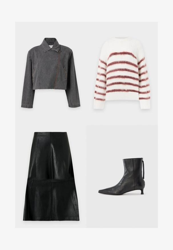 Veste en denim gris coupée avec un col pointu, une fermeture éclair asymétrique et deux poches latérales avec des détails zippés.; Pull blanc avec des rayures horizontales rouges et roses, fabriqué à partir d'un matériau doux et texturé. Il présente un col rond et des poignets côtelés.; Jupe en cuir noire longueur genou avec des coutures de panneaux verticales et horizontales, légèrement évasée au bas.; Bottine en cuir noir à bout pointu, forme structurée et petit talon. Dispose d'une fermeture éclair latérale et d'un design minimaliste.