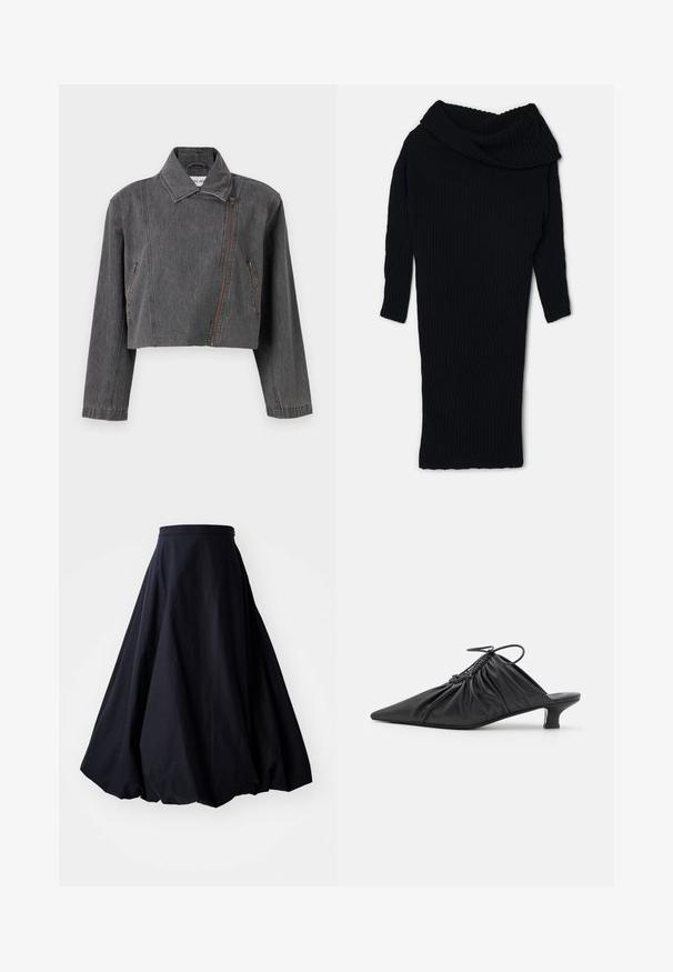 Beskaaret gråt denimjakke med spids krave, asymmetrisk lynlåslukning og to sidelommer med lynlåsdetaljer.; A.W.A.K.E. MODE SNOOD - Striktrøje - black; By Malene Birger AUBREY - Maxinederdele - black; Sorte læder slip-on mules med spids tå, samlet tekstur og en lille kitten heel. Har en snor-detalje ved åbningen.