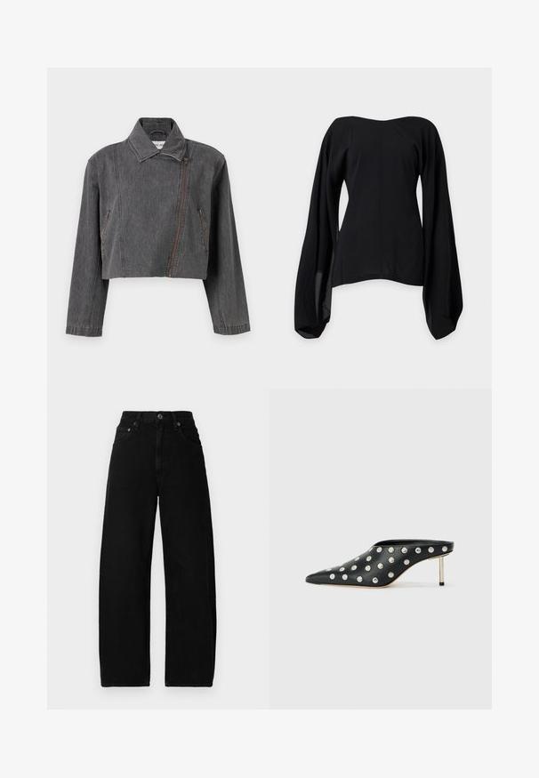 Beskaaret gråt denimjakke med spids krave, asymmetrisk lynlåslukning og to sidelommer med lynlåsdetaljer.; Sort off-shoulder bluse med brede, flydende lange ærmer og en tætsiddende talje, vist på en ensartet lysegrå baggrund.; Sorte denim brede benjeans med høj talje, der har en frontknaplukning, lommer og en glat, mat tekstur.; STAND STUDIO KELSEY - Mules med hæl - black