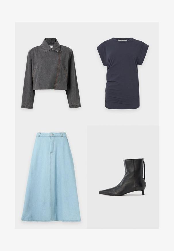 Beskaaret gråt denimjakke med spids krave, asymmetrisk lynlåslukning og to sidelommer med lynlåsdetaljer.; Marineblå t-shirt lavet af bomuld, med en afslappet pasform, korte dolmansleeves og en subtil samling i siden for tekstur.; Lys blå denim midi-nederdel med høj talje, for-lynlås og subtile stikninger, der har en ren, udvidet silhuet.; Sort læderankelstøvle med spids tå, struktureret form og lav hæl. Har en sidesyning og minimalistisk design.
