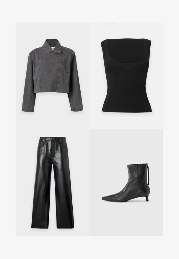 Geknipte grijze denimjack met een puntige kraag, asymmetrische ritssluiting en twee zijzakken met ritsdetails.; Zwart mouwloos aansluitend topje met een brede, vierkante halslijn en een gladde stof, weergegeven op een eenvoudige lichte achtergrond.; Zwarte wijde broek met hoge taille van nep leer, met knoopsluiting aan de voorkant, ritssluiting en voor- en achterzakken tegen een lichtgrijze achtergrond.; Zwarte leren enkellaars met een puntige neus, gestructureerde vorm en een lage hak. Voorzien van een zijrits en een minimalistisch ontwerp.