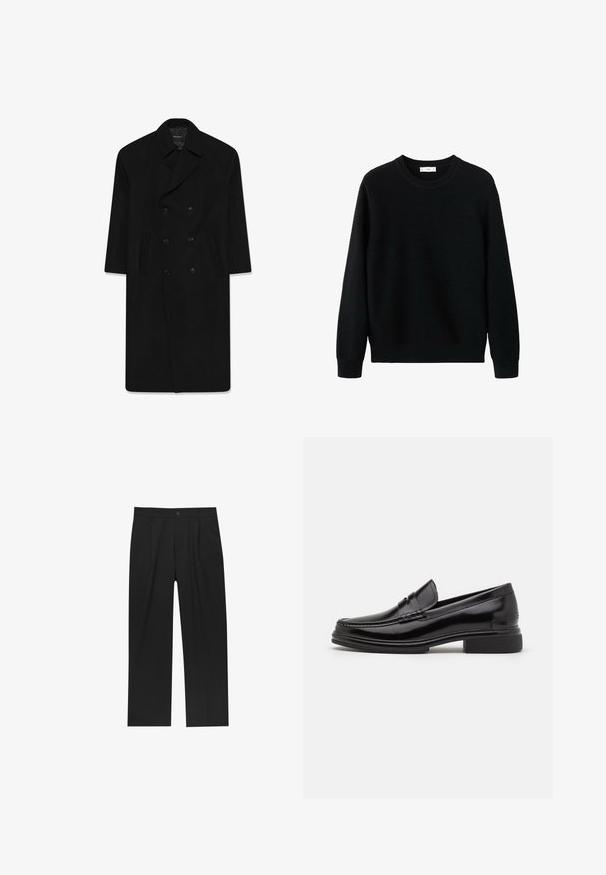 Sort dobbeltbrystet frakke med reverskrave, to forlommer og lige snit. Fremstillet af uldstof med en glat tekstur.; Sort strikket sweater med rund halsudskæring, ribbede ærmegab og kant. Teksturen har et diskret mønster, der giver et hyggeligt udseende.; Sorte bukser med lige ben, lavet af et glat stof. Har frontfolder og en enkelt knaplukning i taljen.; Sorte læder loafers med en rund tå, der har en syet detalje over vristen og en lav blokhæl. Glat tekstur og blank finish.