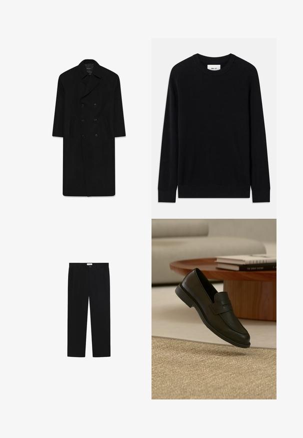 Sort dobbeltbrystet frakke med reverskrave, to forlommer og lige snit. Fremstillet af uldstof med en glat tekstur.; Sort ribbet sweater med rund halsudskæring, lange ærmer og strikket tekstur. Har en lige kant og en subtil brandinglabel indeni.; Sorte bukser med lige ben, forlommer og knaplukning. Fremstillet af et glat stof med en elegant finish.; Sort læderloafer vist i luften over en beige vævet tæppe, med et træbord og stablede bøger i et blødt oplyst stue.