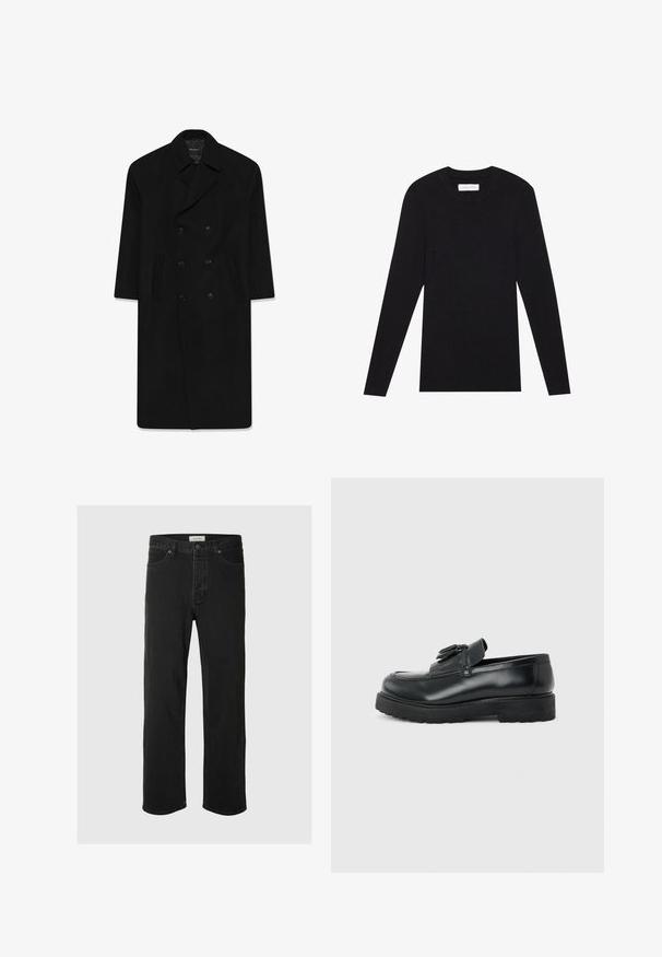 Zwarte dubbelzijdige jas met een reverskraag, twee voorzakken en een rechte snit. Gemaakt van wollen stof met een gladde textuur.; Pier One MUSCLE FIT KNITJUMPER - Trui - black; Zwarte denim rechte jeans hebben een klassiek vijf-pocket ontwerp met knoopsluiting, minimale stiksels en een zachte textuur.; Zwarte leren loafer met kwastjes, dikke rubberen zool en lage hak, zijaanzicht op een effen achtergrond.