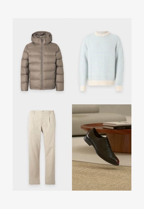 Zimná bunda s výplňou vo farbe taupe, s predným zipsom, dvoma vreckami na zips po stranách a pripevnenou kapucňou na bielom jednoduchom pozadí.; Světle modrý a krémový pletený svetr s diamantovým vzorem, ribovanými manžetami, lemem a kulatým výstřihem, vystavený na bílém pozadí.; Svetlo béžové nohavice z bavlny s uvoľneným strihom, majú elastický pás, predné zapínanie na gombík a rovné nohy.; Čierna kožená šnurovacia spoločenská obuv vznášajúca sa nad textúrovaným béžovým kobercom, v pozadí drevený okrúhly stôl so zloženými knihami.