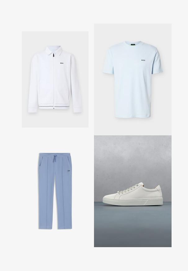 Veste blanche zippée à manches longues avec col, logo noir "BOSS" sur la poitrine et fines rayures noires près de l'ourlet.; T-shirt bleu clair à manches courtes et col rond avec un petit logo noir "BOSS" sur le côté gauche de la poitrine.; Pantalon décontracté bleu clair avec taille élastique, cordon de serrage, poches latérales et logo "BOSS" sur le haut de la cuisse.; Baskets en cuir blanc avec un bout arrondi, design minimaliste, lacets gris et semelle en caoutchouc gris texturé. Détails de couture subtils visibles.