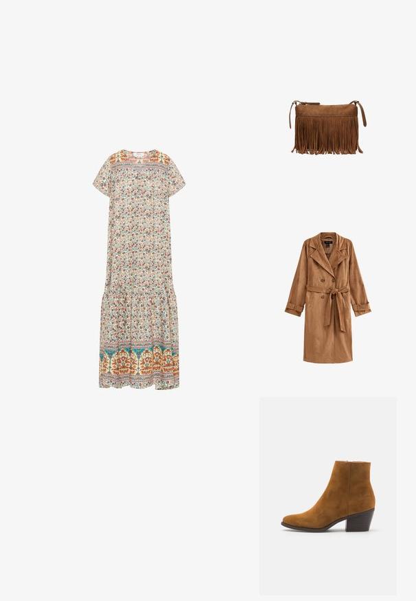 Abrigo largo de ante marrón con botones de doble botonadura, grandes solapas y cinturón en la cintura. Presenta mangas acampanadas y bolsillos laterales.; Vestido maxi floral con fondo crema, patrones florales coloridos, mangas cortas, escote redondo y dobladillo con volantes.; Botín de ante marrón hasta el tobillo con punta afilada y tacón apilado. Textura suave con un cierre de cremallera lateral. Diseño y forma clásicos.; Bolso cruzado marrón de ante con detalle de flecos largos y cierre de cremallera sobre fondo blanco.