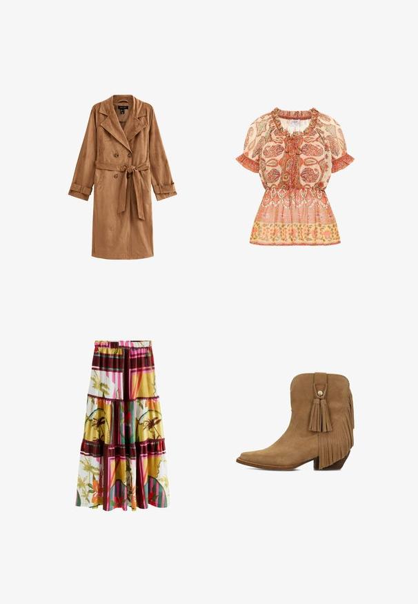 Abrigo largo de ante marrón con botones de doble botonadura, grandes solapas y cinturón en la cintura. Presenta mangas acampanadas y bolsillos laterales.; Blusa con un escote fruncido y mangas cortas; presenta un patrón floral de paisley en tonos naranja, blanco y dorado, con una cintura ajustada.; Falda larga de capas con cintura elástica, con patrones geométricos y florales multicolores en tonos amarillos, verdes, rosas, rojos y marrones.; Botín de ante marrón con punta afilada, tacón grueso, flecos laterales y borlas decorativas con detalle de botón metálico.