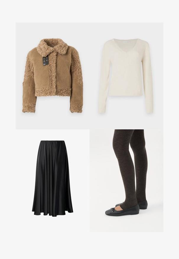 Κοντό καφέ τζάκετ από teddy shearling με μεγάλο γιακά και λεπτομέρεια από μαύρη δερμάτινη αγκράφα στην μπροστινή κλείσιμο.; Κρεμ κατάχρωση πουλόβερ με V λαιμόκοψη και μακριά μανίκια, διαθέτει ριμπ ύφανση στις μανσέτες και το τελείωμα, παρουσιαζόμενο σε ένα απλό λευκό φόντο.; Μαύρη μακριά φούστα φτιαγμένη από απαλό ύφασμα, με λάστιχο στη μέση, πλήρη σιλουέτα και ροητό στρίφωμα χωρίς ορατά σχέδια ή λεπτομέρειες.; Πόδια με σκουρόχρωμα ριμπ κολάν συνδυασμένα με μαύρα μπαλαρίνα παπούτσια με μικρές λεπτομέρειες φιόγκων σε λευκό φόντο.