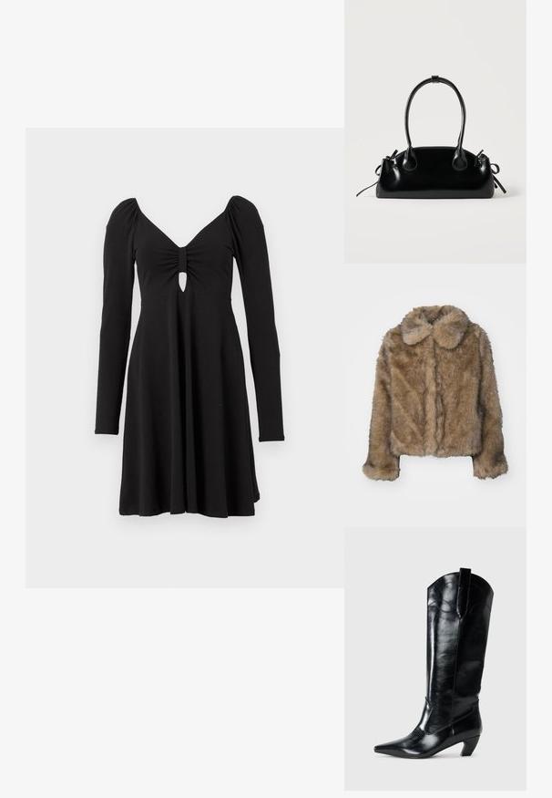 Veste cropped en fausse fourrure marron avec un col arrondi, des manches longues et une surface douce et texturée. Détails de couture subtils sur le devant.; Robe noire à manches longues avec un décolleté en V profond, présentant un tissu froncé et un détail en forme de trou de serrure au niveau de la poitrine, avec une jupe évasée.; Bottes en cuir noir montantes jusqu'au genou, avec une pointe effilée, un talon bas, et des détails de couture décoratifs sur les côtés. Fini lisse et brillant.; Petit sac à main noir brillant avec deux longues anses et des détails à cordon sur les côtés sur un fond clair uni.