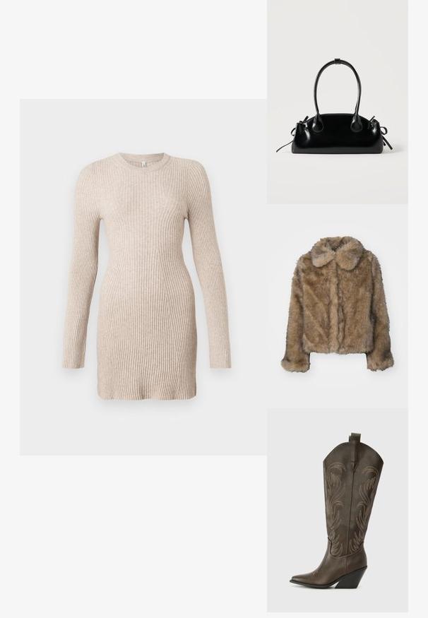 Veste cropped en fausse fourrure marron avec un col arrondi, des manches longues et une surface douce et texturée. Détails de couture subtils sur le devant.; Robe pull longue en tricot côtelé beige à manches longues, avec une taille cintrée et un col rond sur fond blanc.; Botte de cowboy en cuir marron avec un embout pointu, un talon compensé et des broderies décoratives. Dispose d'un long tige et d'une languette de tirage.; Petit sac à main noir brillant avec deux longues anses et des détails à cordon sur les côtés sur un fond clair uni.