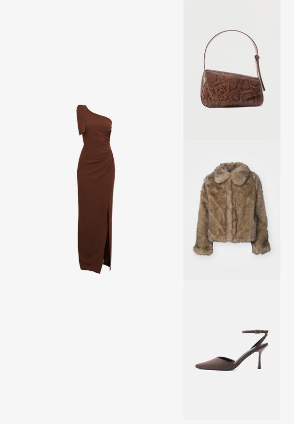 Veste cropped en fausse fourrure marron avec un col arrondi, des manches longues et une surface douce et texturée. Détails de couture subtils sur le devant.; Robe marron asymétrique avec des détails froncés, une fente sur le côté, et une silhouette ajustée en tissu lisse et extensible.; Chaussure à talon haut en daim marron à bout pointu, avec une fine bride de cheville et une boucle argentée sur fond blanc.; Sac à bandoulière en cuir à motif peau de serpent marron avec une fermeture à rabat et une seule bandoulière réglable, sur un fond uni.