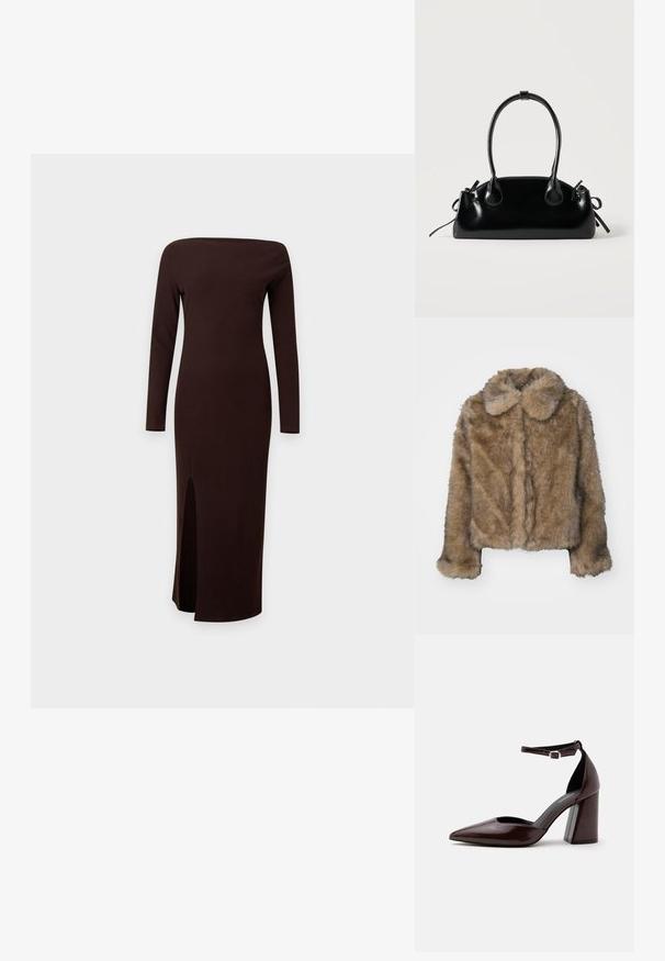 Veste cropped en fausse fourrure marron avec un col arrondi, des manches longues et une surface douce et texturée. Détails de couture subtils sur le devant.; Robe midi côtelée marron foncé à manches longues, encolure épaules dénudées et fente avant sur fond uni clair.; Chaussure à talon haut en cuir marron foncé à bout pointu, avec bride à la cheville et boucle argentée sur fond blanc.; Petit sac à main noir brillant avec deux longues anses et des détails à cordon sur les côtés sur un fond clair uni.