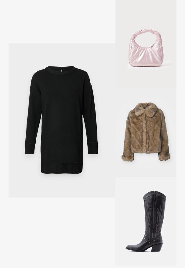 Chaqueta corta de imitación de piel de marta marrón, con cuello redondeado, mangas largas y una superficie suave y texturizada. Detalles de costura sutiles a lo largo del frente.; Suéter negro largo de punto con puños y dobladillo acanalados, cuello redondo y costuras de hombro caídas sobre un fondo gris claro.; Botas vaqueras de cuero negro con puntera puntiaguda, costuras visibles, detalles de tachuelas plateadas y cierre de cremallera en el lado interior.; Bolso de mano acolchado en color rosa con un diseño redondeado, fabricado en material brillante. Presenta un asa fruncida y un cierre de cremallera para un acceso seguro.