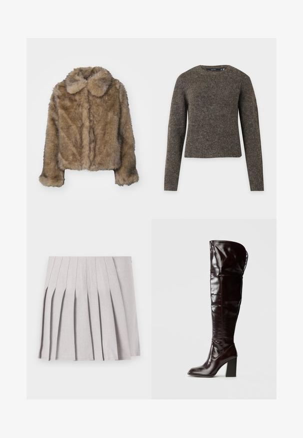 Veste cropped en fausse fourrure marron avec un col arrondi, des manches longues et une surface douce et texturée. Détails de couture subtils sur le devant.; Pull en laine marron à manches longues avec col rond, texture douce et duveteuse, ourlet droit, présenté sur un fond clair uni.; Jupe plissée grise au toucher lisse, dotée de multiples plis verticaux et d'une taille ajustée. Fabriquée en tissu léger.; Bottes en cuir bordeaux glacé montant jusqu'au genou, avec un bout carré et un talon bloc, présentant un design ample et des détails de couture minimalistes.