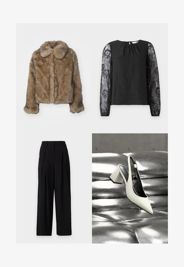 Chaqueta corta de imitación de piel de marta marrón, con cuello redondeado, mangas largas y una superficie suave y texturizada. Detalles de costura sutiles a lo largo del frente.; Top negro de manga larga con cuerpo de tela texturizada y mangas de encaje floral. Cierre en la espalda con forma de ojo de cerradura y un lazo. Diseño elegante y detalles cuidados.; Pantalones de pierna ancha negros, hechos de una tela suave, con una cinturilla alta, pliegues en la parte delantera y una silueta fluida.; Zapato de tacón alto con tira trasera blanco, punta afilada y tacón ancho sobre una superficie acolchada plateada metálica y brillante.