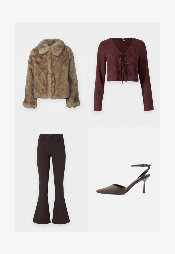 Veste cropped en fausse fourrure marron avec un col arrondi, des manches longues et une surface douce et texturée. Détails de couture subtils sur le devant.; Top court à manches longues bordeaux en tissu texturé avec un décolleté en V profond et un détail à nouer à l'avant. Présente une coupe ajustée.; Pantalons évasés marron en tissu extensible. Caractérisés par une taille haute avec deux boutons et une texture lisse. Sans motifs ni embellissements.; Chaussure à talon haut en daim marron à bout pointu, avec une fine bride de cheville et une boucle argentée sur fond blanc.