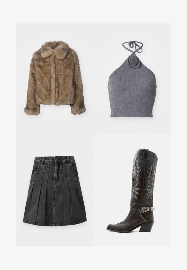 Veste cropped en fausse fourrure marron avec un col arrondi, des manches longues et une surface douce et texturée. Détails de couture subtils sur le devant.; Haut halter gris en tissu texturé et côtelé. Présente un détail de nœud torsadé au niveau du col et des liens à l'arrière pour un ajustement réglable.; Jupe en denim noir avec un design plissé, des passants de ceinture, des poches avant et une fermeture à boutons. Texture lisse avec un léger éclat.; Botte de cowboy en cuir noir avec découpes décoratives, boucle argentée et talon incliné, présentée sur fond blanc.