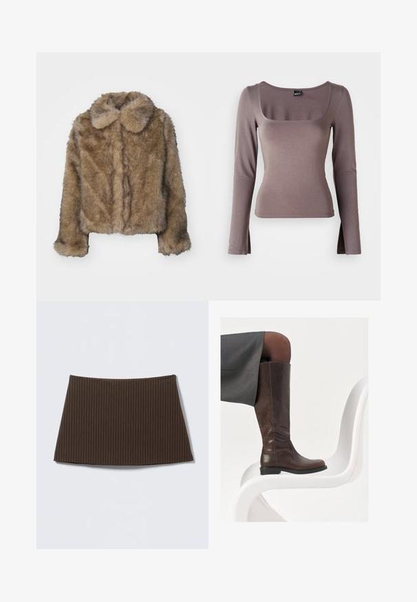Veste cropped en fausse fourrure marron avec un col arrondi, des manches longues et une surface douce et texturée. Détails de couture subtils sur le devant.; Haut à manches longues en tissu doux marron. Doté d'un décolleté carré et d'un fente sur les côtés à l'ourlet. Texture lisse avec un design ajusté.; Jupe marron à fines rayures, coupe ajustée, texture lisse et ourlet évasé, idéale pour un look sur mesure.; Botte en cuir marron à hauteur de genou avec un bout arrondi, texture lisse et détails de couture minimalistes, placée sur un fond clair sur une chaise blanche.
