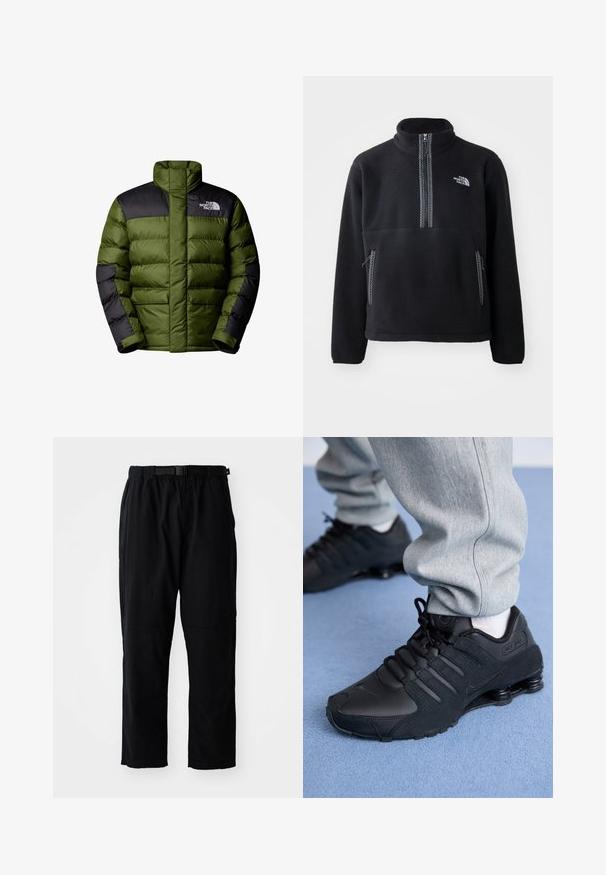 The North Face M LIMBARA INSULATED JACKET - Winterjacke - woodland green; Schwarzer Fleece-Halbzip-Pullover mit hohem Kragen, ausgestattet mit einer Brusttasche und zwei Seitentaschen. Das Design enthält einen kontrastierenden Reißverschluss.; Schwarze, leichte Hose mit geradem Schnitt, elastischem Bund, verstellbarem Gürtel und verstärkten Kniepolstern. Keine sichtbaren Muster oder Akzente.; Person in schwarzen Nike Shox Sneakers und grauen Jogginghosen, der auf einem hellblauen Teppich steht.
