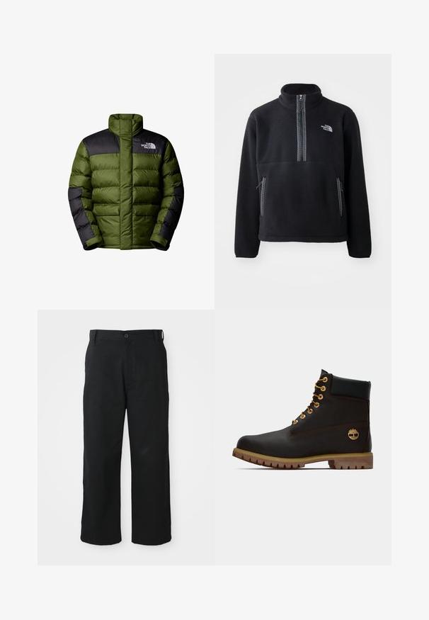 The North Face M LIMBARA INSULATED JACKET - Winterjacke - woodland green; Schwarzer Fleece-Halbzip-Pullover mit hohem Kragen, ausgestattet mit einer Brusttasche und zwei Seitentaschen. Das Design enthält einen kontrastierenden Reißverschluss.; Schwarze weit geschnittene Hose aus einem weichen Stoff. Mit einem Knopfverschluss, Gürtelschlaufen und geraden Säumen für eine entspannte Passform.; Schwarze Leder-Ankle-Boots mit goldenen Ösen, braunen Akzenten und einer Gummisohle. Verfügt über einen gepolsterten Schaft und ein geprägtes Logo an der Seite.