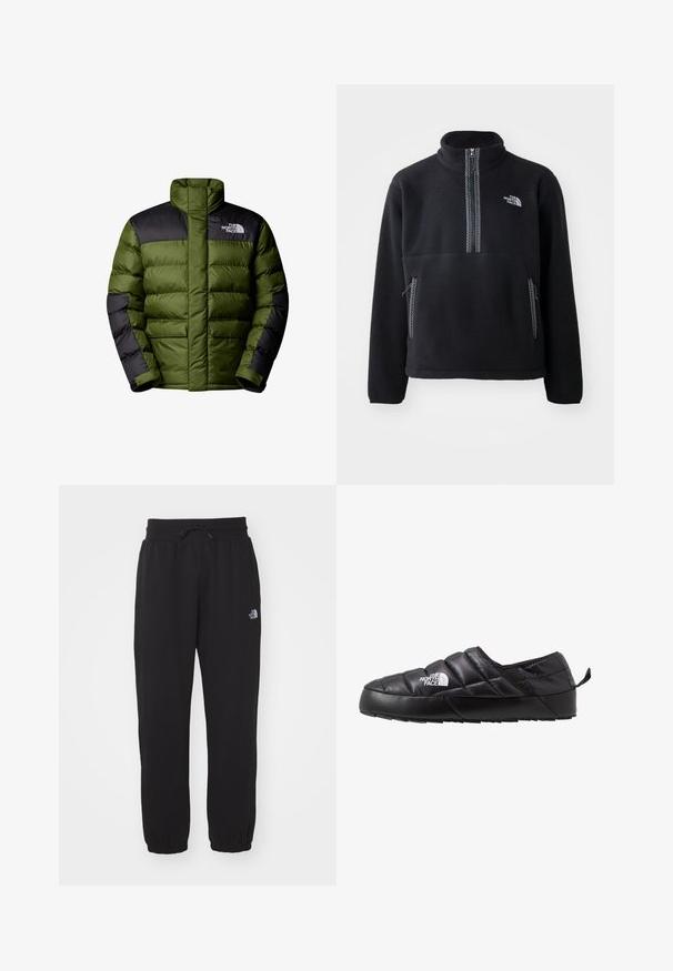 The North Face M LIMBARA INSULATED JACKET - Vinterjakker - woodland green; Sort fleece halv-zip pullover med høj krave, der har en brystlomme og to sidelommer. Designet inkluderer en kontrastfarvet lynlåsdetalje.; Sorte sweatpants lavet af blødt stof, med en elastisk talje med snor, manchetter ved anklerne og et lille logo på det øverste lår.; Sort slip-on sko med et quiltet design, lavet af polstret materiale. Har en struktureret gummisål og et lille trækstrop bagpå.