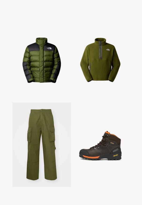 The North Face M LIMBARA INSULATED JACKET - Chaqueta de invierno - woodland green; Sudadera polar de color verde oliva con media cremallera frontal, bolsillos laterales, cuello alto y el logo blanco de The North Face en el pecho.; Pantalones cargo color verde oliva hechos de un tejido duradero, que cuentan con dos bolsillos laterales, un corte relajado y un cierre de botón en la cintura.; Bota de senderismo de cuero marrón con detalles en negro y naranja, cordones negros, suela Vibram, etiqueta Gore-Tex y marca Aigle 1853 en el talón.