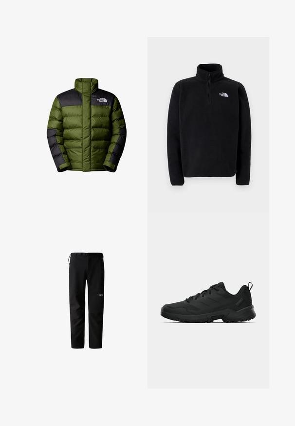 The North Face M LIMBARA INSULATED JACKET - Vinterjakker - woodland green; The North Face SHISPARE ZIP - Fleecetrøjer - black; Sorte udendørsbukser med et strømlinet design, lavet af et slidstærkt, letvægtsstof. Har bælte, sidelommer og et logo på låret.; Sort atletiksko med tekstureret overdel, forstærket tå, robust ydersål og en trækflig ved hælen for nem påtagning.