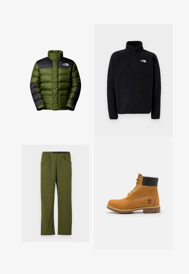 The North Face M LIMBARA INSULATED JACKET - Vinterjakker - woodland green; The North Face SHISPARE ZIP - Fleecetrøjer - black; Olivengrønne bukser med lige ben, elastisk talje og sort justerbart spændebælte, forlommer og sidelommer, detaljer med søm foran.; Brune læder ankelstøvle med metaløjer, hvid pelsforing, sort polstret krave, robust sål og præget logo på siden.