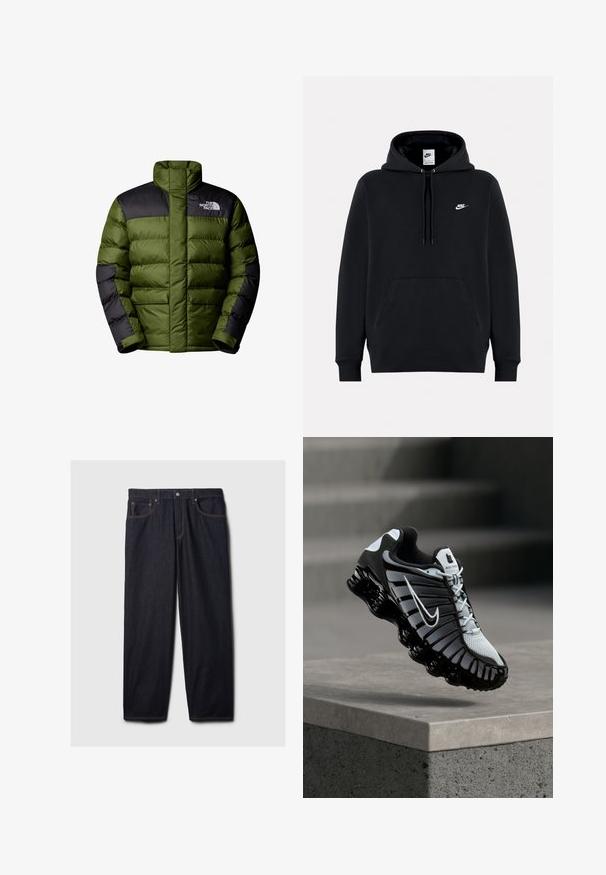 The North Face M LIMBARA INSULATED JACKET - Winterjacke - woodland green; Schwarzer Nike-Hoodie mit Fronttasche, Kapuze mit Kordelzug und kleinem weißen Nike-Logo auf der linken Brust.; Dunkelblaue Jeans mit geradem Schnitt, ausgestattet mit einem Knopf- und Reißverschluss, zwei vorderen Taschen und kontrastierenden orangen Nähten.; Schwarz-weißes Nike-Laufschuh, der über einer Betonoberfläche mit einem gestuften Stein-Hintergrund schwebt.