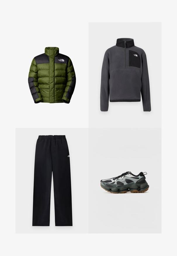 The North Face M LIMBARA INSULATED JACKET - Vinterjakker - woodland green; Mørkegrå fleece-pullover med høj krave, halvlængde lynlås foran og sort lynlåslomme på brystet med hvidt logo på højre side.; Sorte bukser med elastik i taljen og lige ben, med lille hvidt logo på øverste højre lår, vist fladt på lys baggrund.; Sorte og grå atletiksko med mesh-overdel, skulptureret sål og gummisål. Har et sikkert snøresystem og en trækflap ved hælen.
